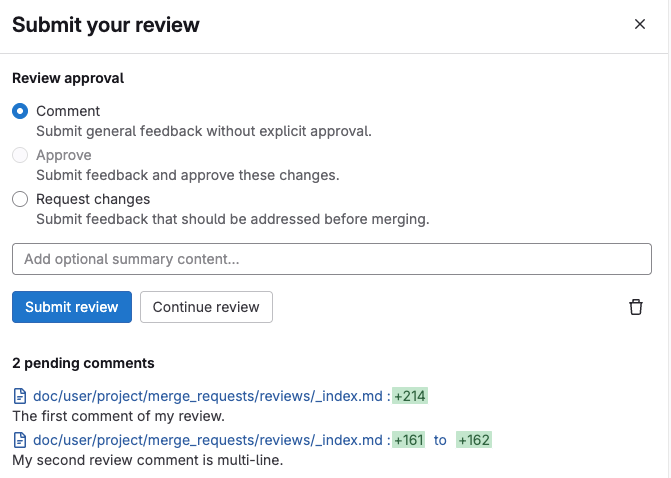 The review drawer, showing a review in progress. It contains a single-line review comment, and a comment spanning two lines of code.
